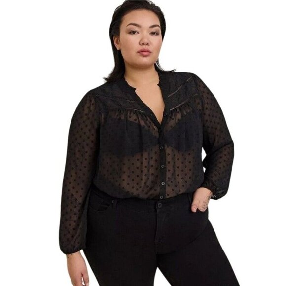 Torrid Black Chiffon Clip Dot With Contrasting Eyelet Top 1X Flirty Whimsigoth - Picture 1 of 8